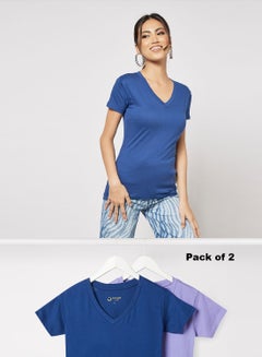 Buy Women Basic Casual Everyday Pack of 2 T-Shirts V Neck Short Sleeves in Premium Bio washed Cotton Purple/Navy in Saudi Arabia