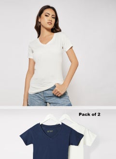 Buy Women Pack of 2 T-shirts V Neck Short Sleeve Comfort Fit Biowashed Premium Cotton Vaporous Grey/Dark Navy in UAE