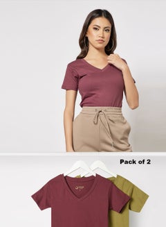 Buy Women's Basic Pack of 2 T-Shirts V Neck Short Sleeves in Premium Bio washed Cotton Olive/Maroon in Saudi Arabia
