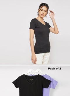 Buy Women's Basic Pack of 2 T-Shirt V Neck Short Sleeves in Premium Bio washed Cotton Purple/Black in Saudi Arabia