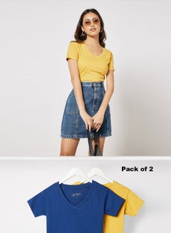 Buy Women's Basic Pack of 2 T-Shirts V Neck Short Sleeves in Premium Bio washed Cotton Mineral Yellow/Navy in UAE