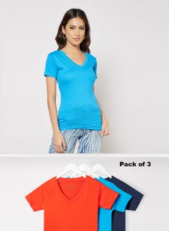 Buy Pack Of 3 Women's Basic V-Neck Cotton Biowashed Fabric Comfort Fit Stylish Design T-Shirt Blue/Red/Dark Navy in Saudi Arabia