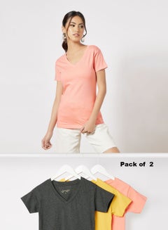 Buy Women's Pack of 3 V-Neck T-Shirts Short Sleeve in Premium Bio washed Cotton Mineral Yellow/Pink/Charcoal Melange in Saudi Arabia