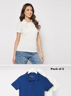 Buy Pack Of 2 Women's Basic Casual Polo Neck Cotton Comfort Fit Half Sleeve T-Shirt Navy/Vaporous Grey in Saudi Arabia