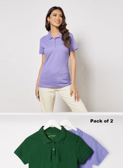 Buy Pack Of 2 Women's Basic Casual Polo Neck Cotton Comfort Fit Half Sleeve T-Shirt Dark Green/Purple in Saudi Arabia