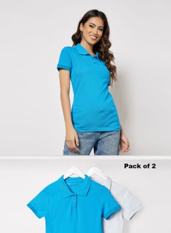 Buy Women Pack of 2 T-Shirts Polo Neck Short Sleeves With Button Placket in Bio washed Premium Cotton Ibiza Blue/Grey Melange in Saudi Arabia