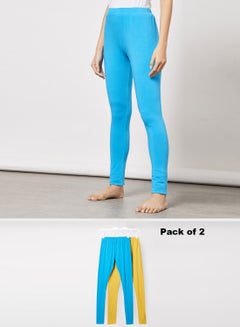 Buy Women's Pack of 2 FreeSize Stretchable Ankle Length Cotton  Slim Fit leggings Mineral Yellow/Ibiza Blue in Saudi Arabia