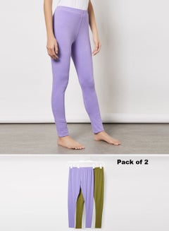 Buy Women's Pack of 2 FreeSize Stretchable Ankle Length Cotton  Slim Fit leggings Olive/Purple in Saudi Arabia