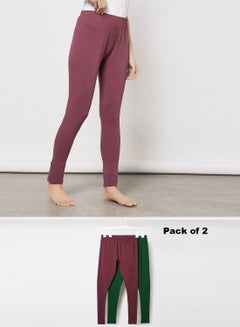Buy Women's Pack of 2 FreeSize Stretchable Ankle Length Cotton  Slim Fit leggings Dark Green/Maroon in Saudi Arabia