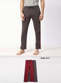 Buy Men's Pack of 2 cotton knitted casual fashion essential comfortable home lounge wear sleepwear solid Pyjamas with Elasticated Waist Drawstring Regular Fit Full Length Burgundy/Charcoal Grey in Saudi Arabia