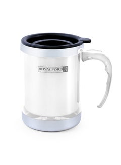 Buy Royalford Double Wall  Coffee and Tea Travel Mug  with Lid and Comfort Grip Handle Easy-Clean Silver/Black 8.5x11.8cm in Saudi Arabia