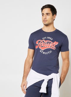 Buy Logo Print Crew Neck T-Shirt Blue in Saudi Arabia