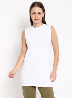 Buy Solid Crew Neck Sleeveless Long T-Shirt Whisper White in UAE