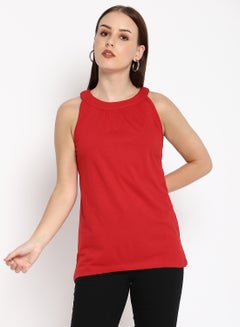 Buy Solid Halter Neck Sleeveless Long T-Shirt Red in UAE