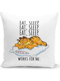 Buy Garfield Eat Sleep Quote Themed Throw Pillow White/Pink/Yellow 16x16inch in UAE