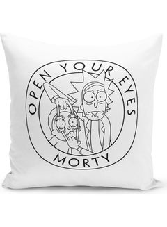 Buy Open You Eyes Funny Cartoon Morty Rick Themed Throw Pillow White/Black 16x16inch in UAE