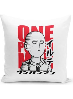 Buy Minimalistic Japanese Style Art One Punch Man Themed Throw Pillow White/Black/Red 16x16inch in UAE