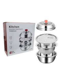 Buy 4 In 1 Multifunctional Stainless Steel Basin Bowl Set With Grater Silver 26x26x11cm in UAE