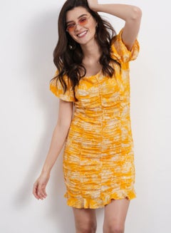 Buy Printed Puff Sleeve Mini Dress Yellow/White in Saudi Arabia