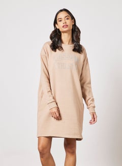 Buy Logo Crew Neck Sweat Dress Beige in UAE