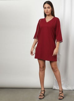 Buy Lace Trim Detail V-Neck Three-Quarter Sleeve Mini Dress Maroon in Saudi Arabia