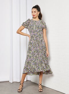 اشتري Abstrast Print Puff Sleeve Dress Multicolour في السعودية