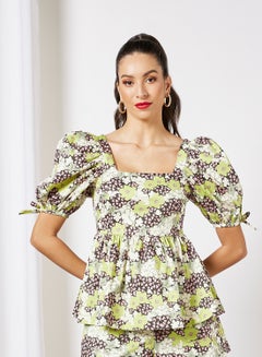 Buy Floral Print Puff Sleeve Top Green in Saudi Arabia