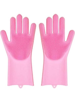 Buy Magic Reusable Silicone Gloves With Wash Scrubber Dishwashing Gloves Pink in Egypt