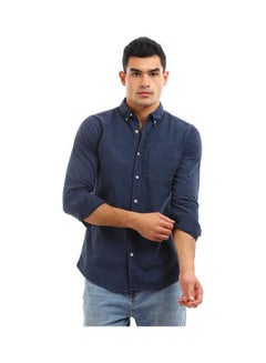 Buy Plain-Basic Collared Neck Long Sleeve Shirt Navy Blue in Egypt