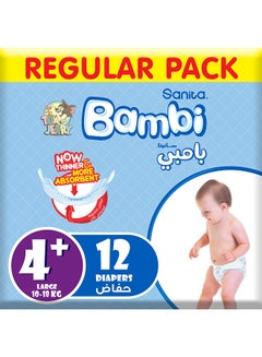 Buy Baby Diapers, Size 4+, 10 - 18 Kg, 12 Count - Large, Regular Pack, Now Thinner And More Absorbent in UAE