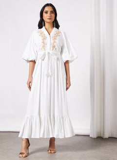 Buy Embroidered Puff Sleeve Dress Off White in Egypt