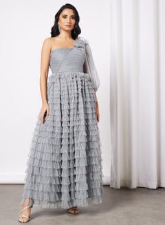 Buy One Shoulder Layered Mesh Dress Grey in Egypt