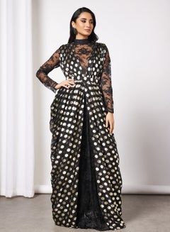 Buy Lace Insert Polka Cowl Dress Black in Saudi Arabia