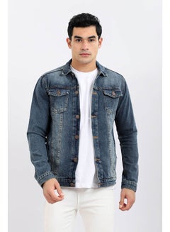 Buy Casual Plain Basic Long Sleeve Round Neck Denim Jacket Standard Blue in Egypt