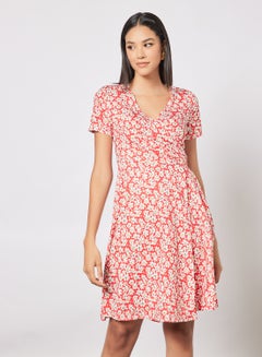 Buy Casual Short Sleeve Knee Length Belted Dress Wrap V-Neck Printed  Pattern Red in Saudi Arabia