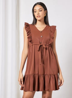 Buy Casual V-Neck Sleeveless With Ruffle Mini A-Line Tie Up Dress Dark Brown in UAE