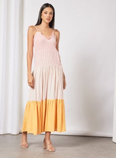 Buy Casual Smocking Straps Open Back Color Block Long Evening Maxi Dress Pink/Yellow in UAE