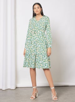 Buy Casual V-Neck Long Sleeve Floral Print Midi Dress With Waist Belt Green in Saudi Arabia
