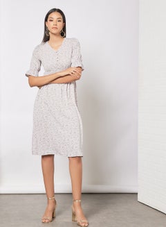Buy Casual Half Sleeve Knee Length Dress With V-Neck Waist Smocking Floral Print Pattern Light Blue in UAE