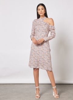 Buy Casual Mandarin Collar Ruffle Cut-Out Shoulder Long Sleeve Belted Knee Length Dress 3 Pink Print in UAE