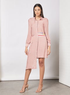 Buy Casual Belted High Neck Long Sleeve Wide Stripes Long Evening  Maxi Shirt Dress Pink/White in Saudi Arabia