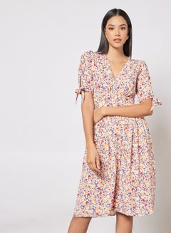 Buy Casual Polyester Blend Short Sleeve Knee Length Buttoned Down Dress With V-Neck Printed Pattern Multicolour in UAE