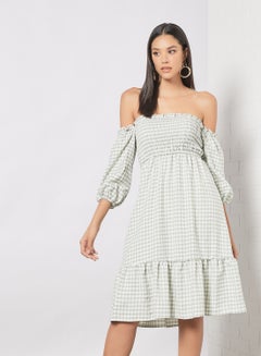 Buy Casual Polyester Three-Quarter Sleeve Midi Smocked Dress With Off Shoulder Mint Check in UAE