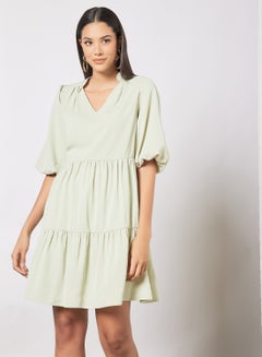 Buy Casual Polyester Blend Puff Short Sleeve Knee Length Tiered A-Line Dress With V-Neck Light Green in Saudi Arabia