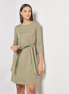 Buy Casual Rayon Blend Three-Quarter Sleeve Knee length Belted Dress With Scoop Neck 105 Olive in UAE