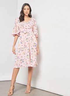 Buy Casual Flared Bell Short Sleeve Knee Length Belted Wrap Dress With V-Neck Printed Pattern Pink in UAE