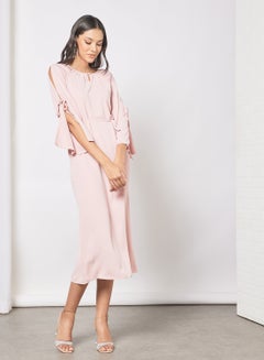 Buy Casual Keyhole Round Neck Cut Out Tie-Up Sleeve Midi Dress 83 Pink in UAE