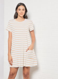 Buy Casual Short Sleeve Mini Dress With Round Neck Horizontal Striped Pattern Orange/White in Saudi Arabia