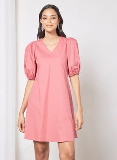 Buy Casual Cotton Puff Short Sleeve Knee Length A-Line Dress With V-Neck 187 Dark Brick Red in Saudi Arabia