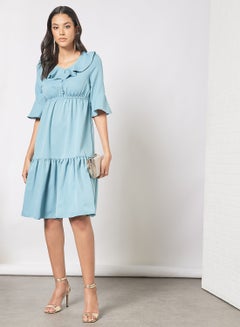 Buy Casual Polyester Blend Bell Short Sleeve Knee Length Dress With Ruffled Round Neck 53 Blue in UAE